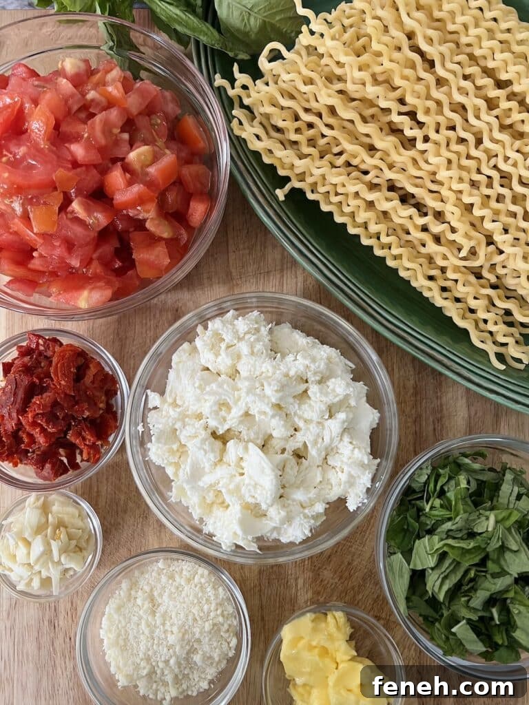 Prepped ingredients for pasta sorrentina.