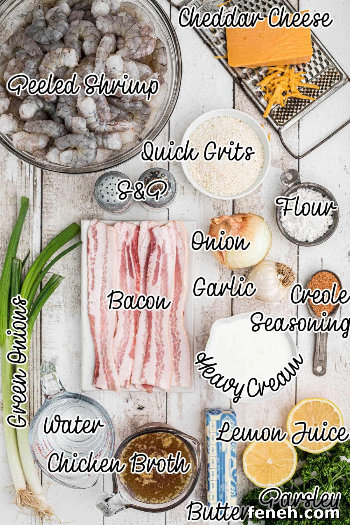 Overhead shot of the ingredients needed to make a Creole Shrimp and Grits Recipe.