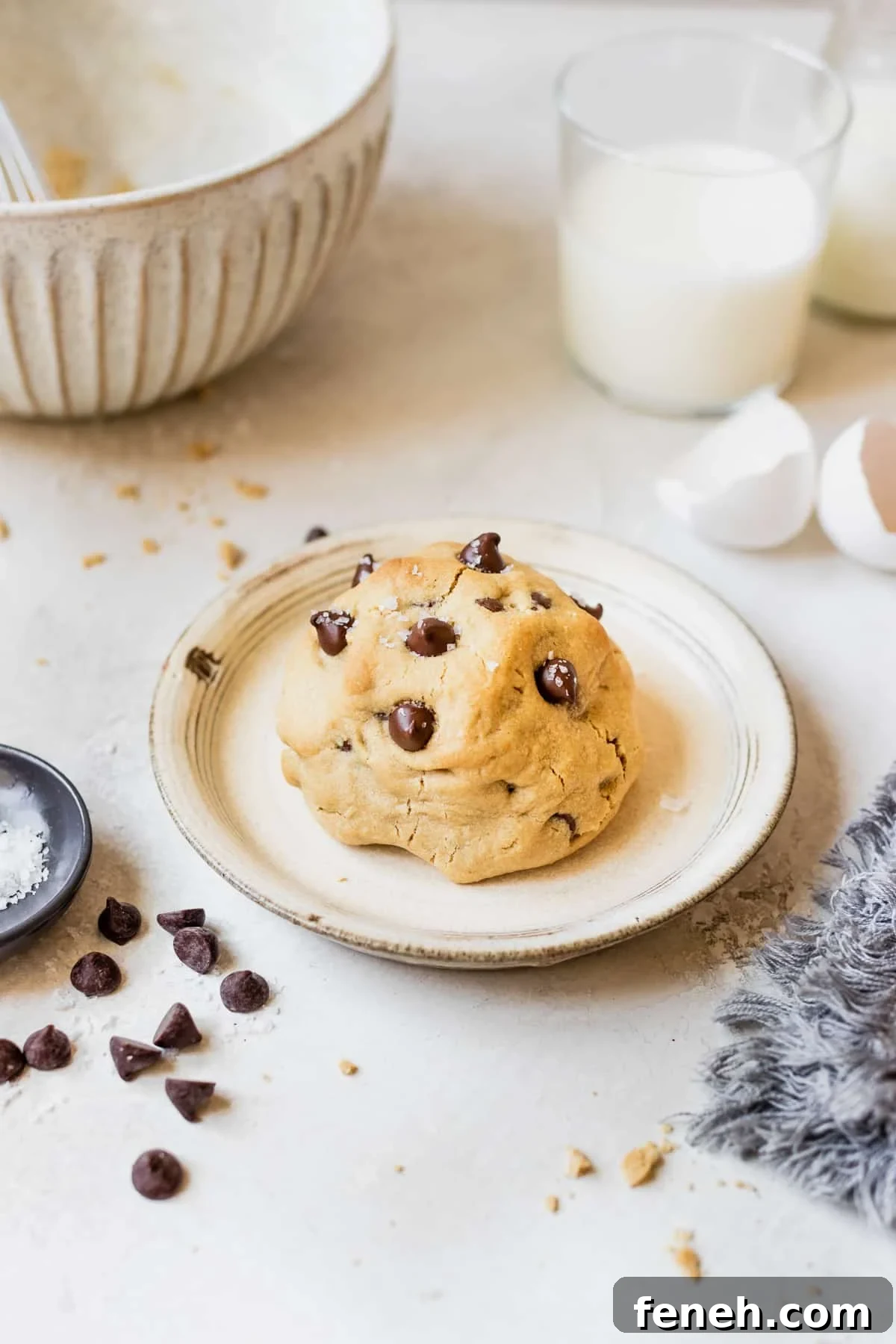 a chocolate chip cookie on a plate topped with sea salt.