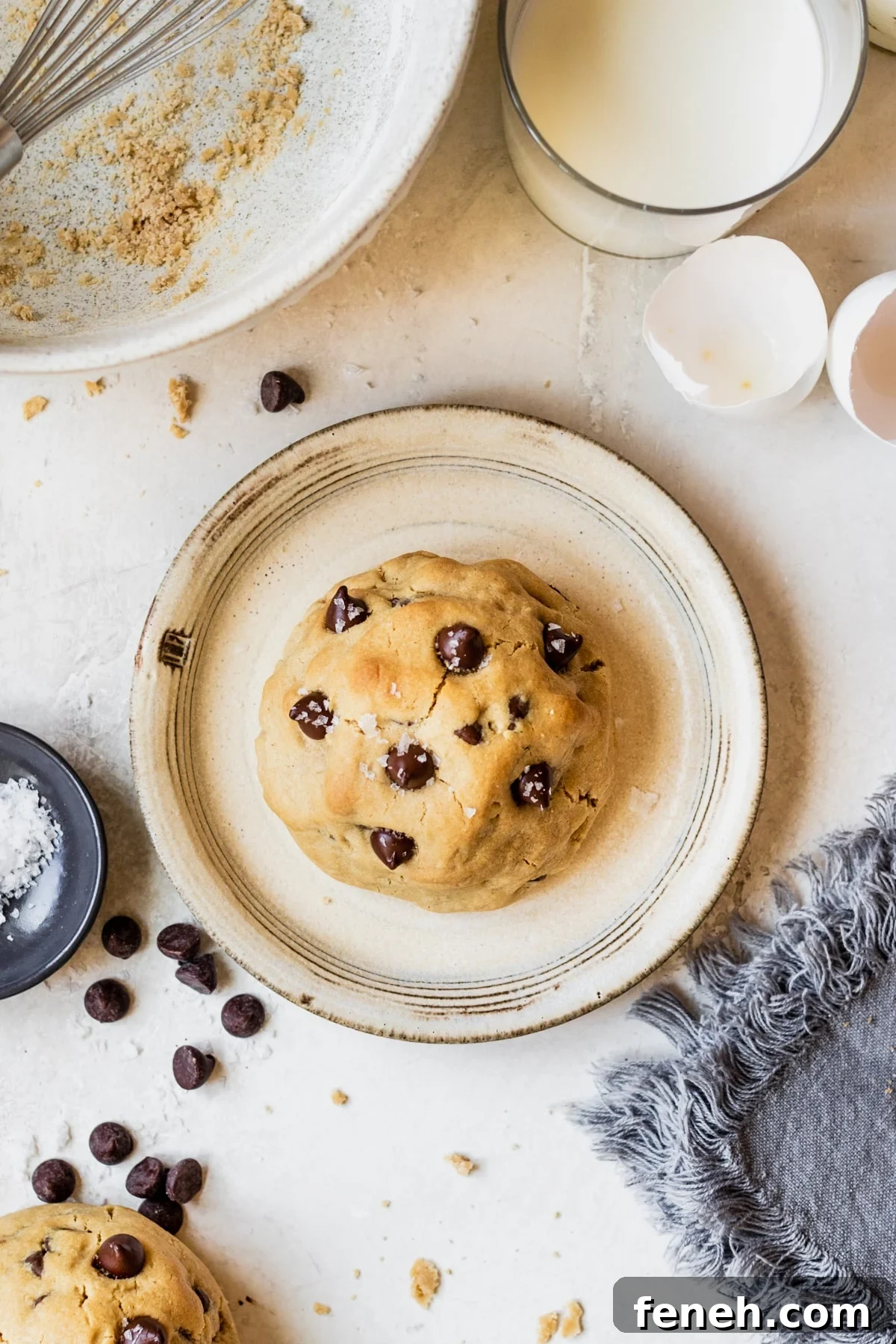 a chocolate chip cookie on a plate topped with sea salt.