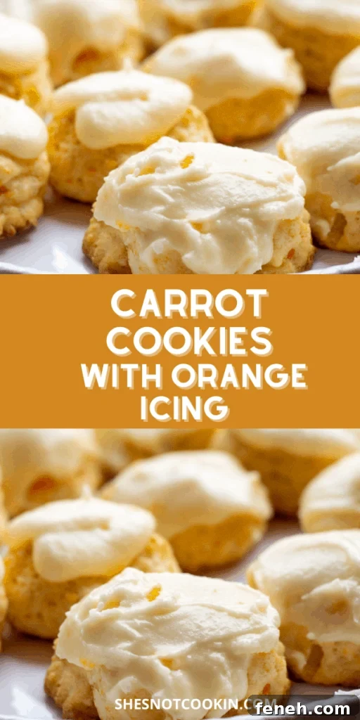 A pinterest image of carrot cookies with orange icing.