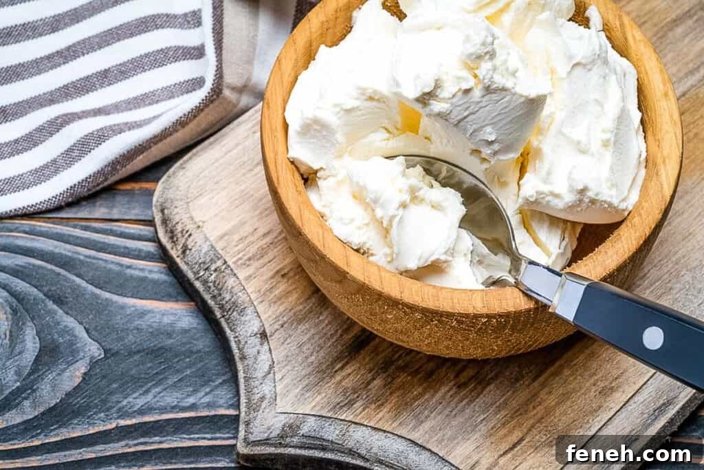 Mascarpone cheese in a bowl with spoon.