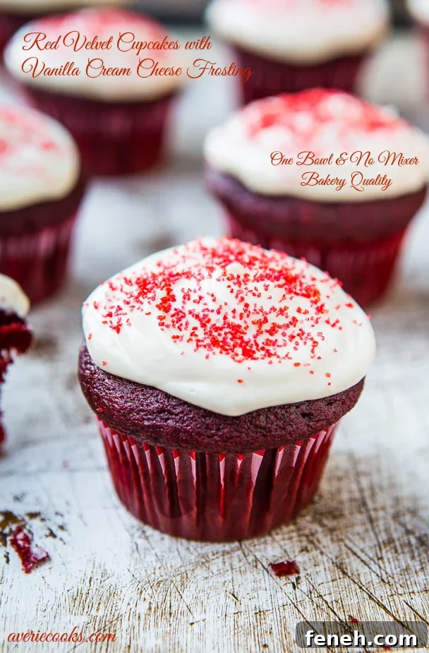 Red Velvet Cupcakes with Vanilla Cream Cheese Frosting {From Scratch} Red Velvet Cupcakes with Cream Cheese Frosting on top.