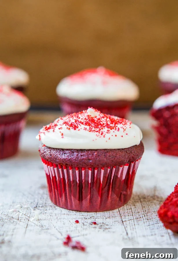 Red Velvet Cupcakes with Silky Vanilla Cream Cheese Frosting 2 Red velvet cupcakes with cream cheese frosting and red sprinkles on top.