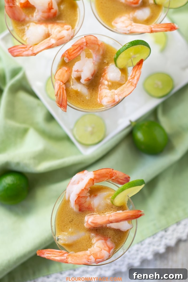 Boiled Shrimp Appetizers served in mini Martini glasses filled with Key Lime Mustard Dipping Sauce
