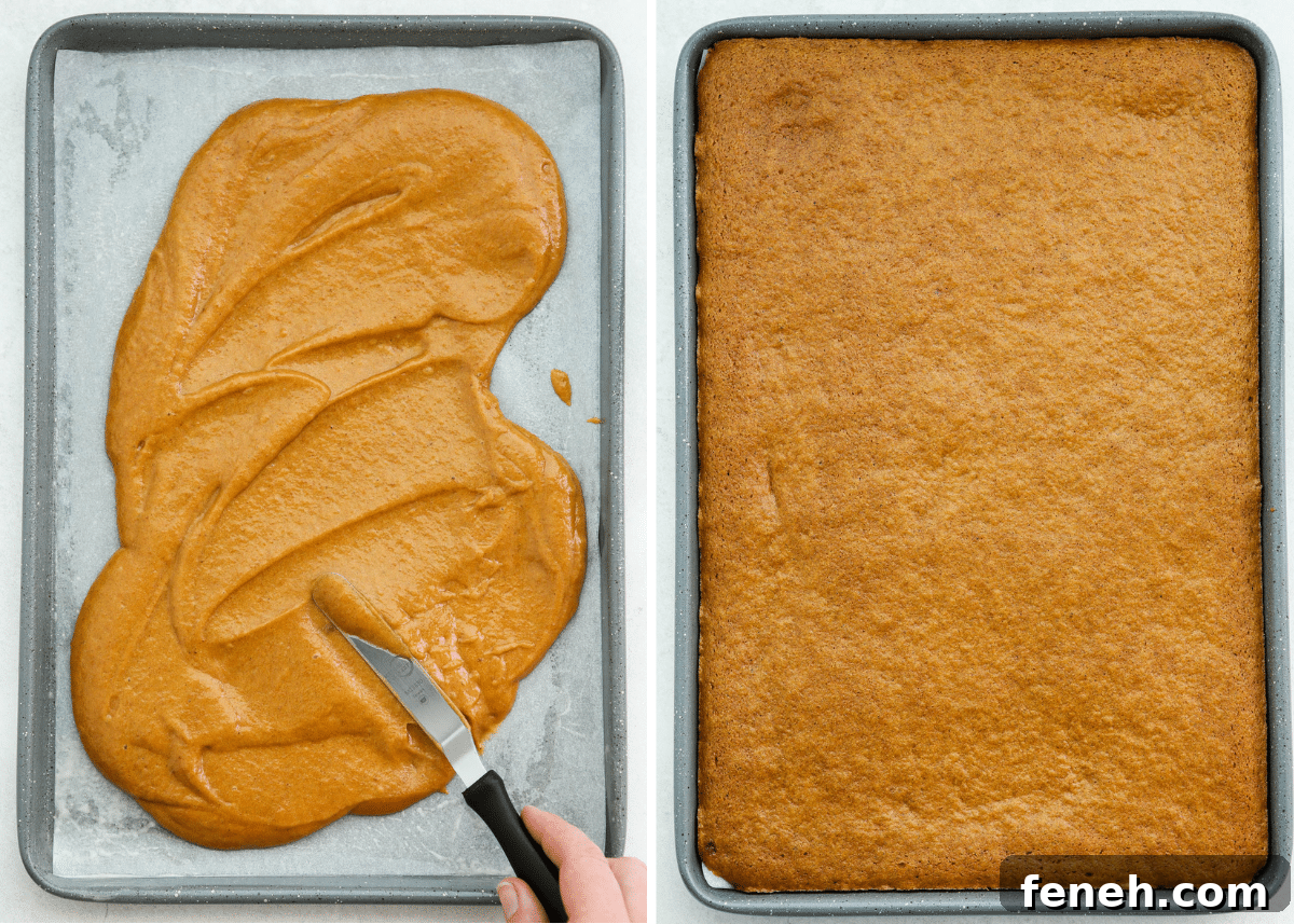 spreading cake batter in jelly roll pan; baked pumpkin cake