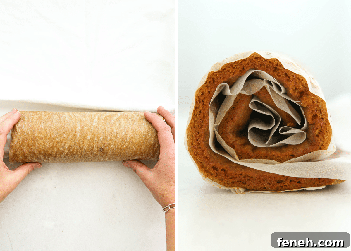 rolling up hot pumpkin cake into a log
