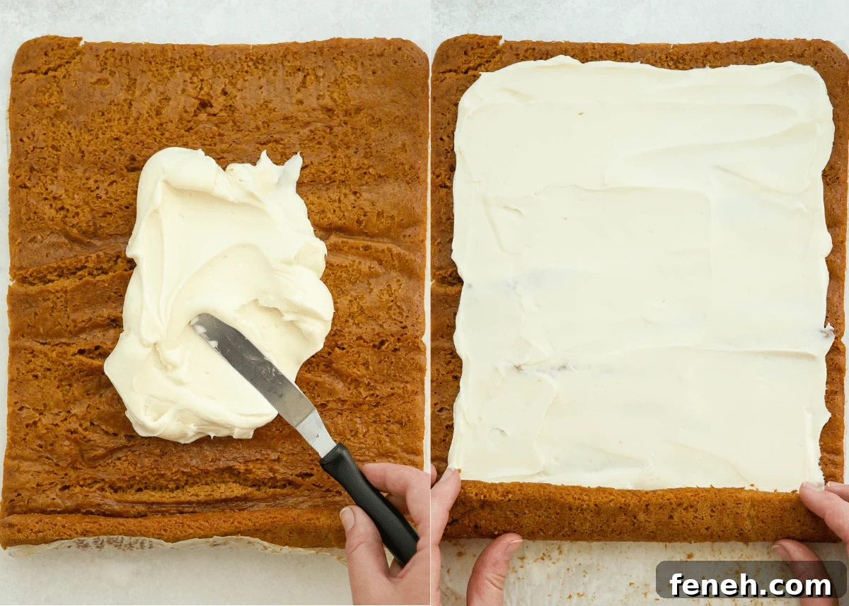 filling pumpkin cake with cream cheese frosting
