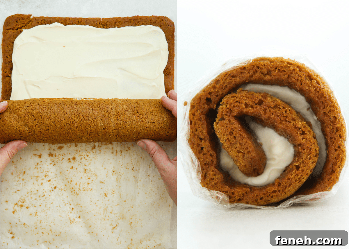 rolling up filled pumpkin roll
