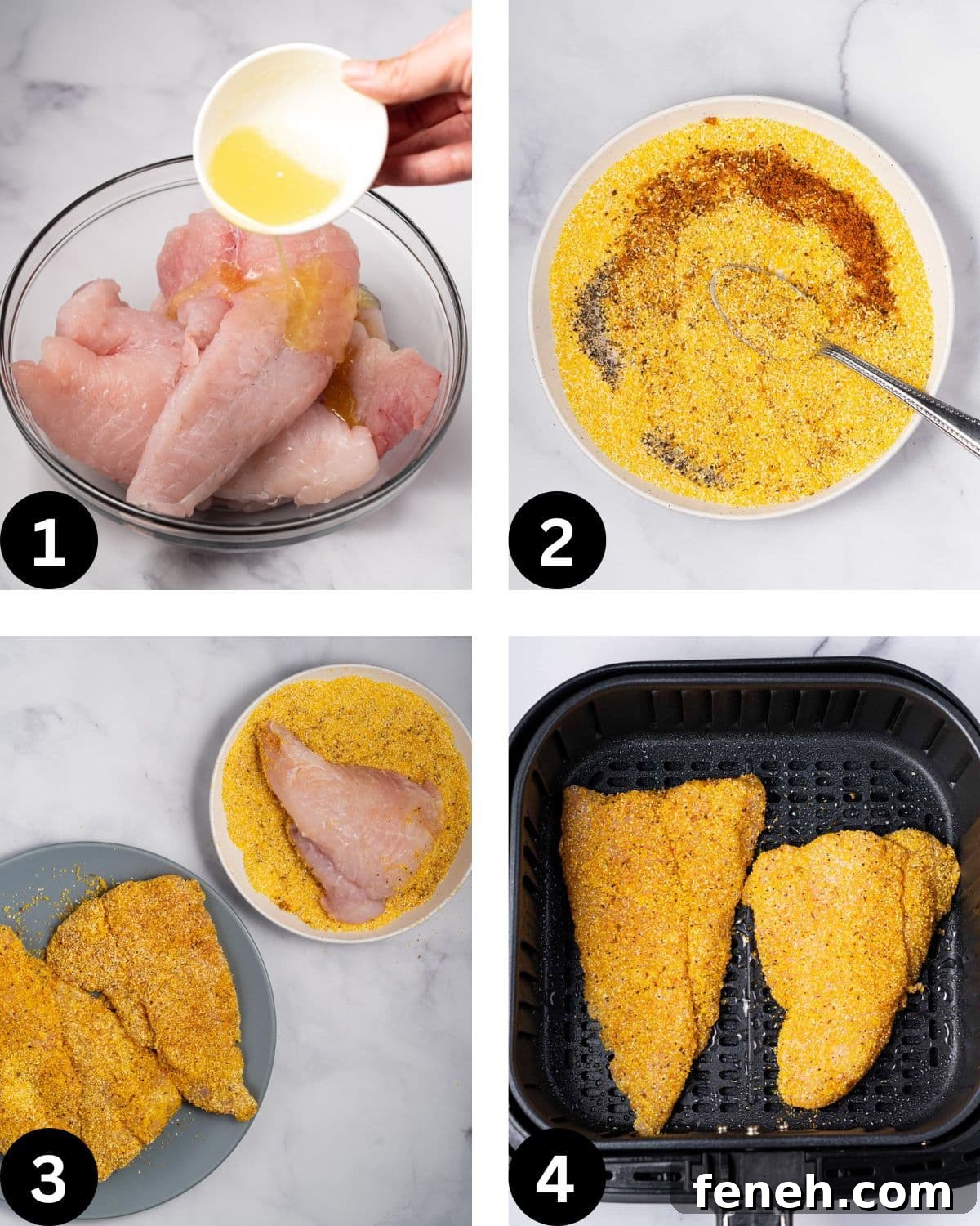 step by step process of how to bread catfish for the air fryer.