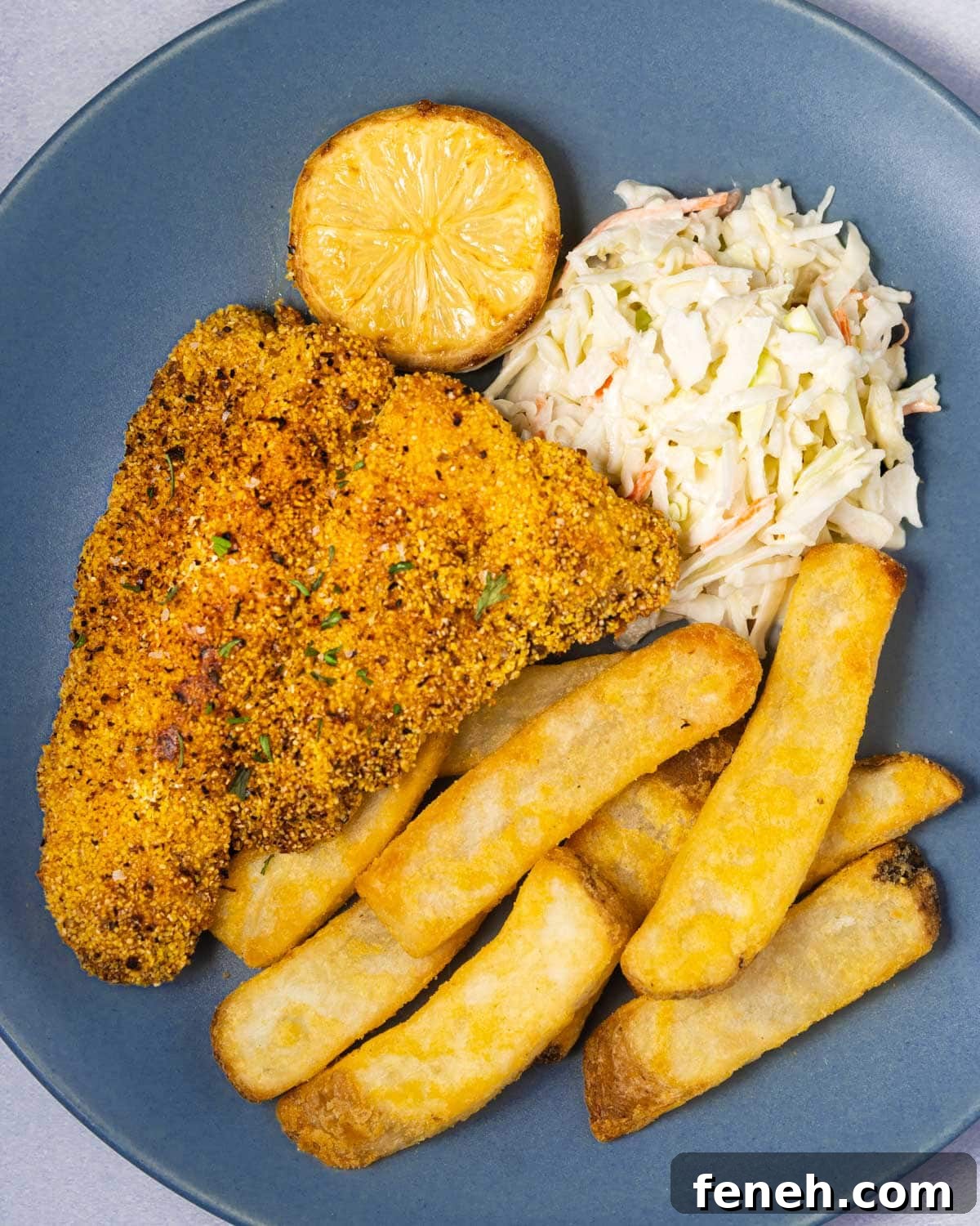 plate of air fryer catfish, french fries, coleslaw and sliced lemon.