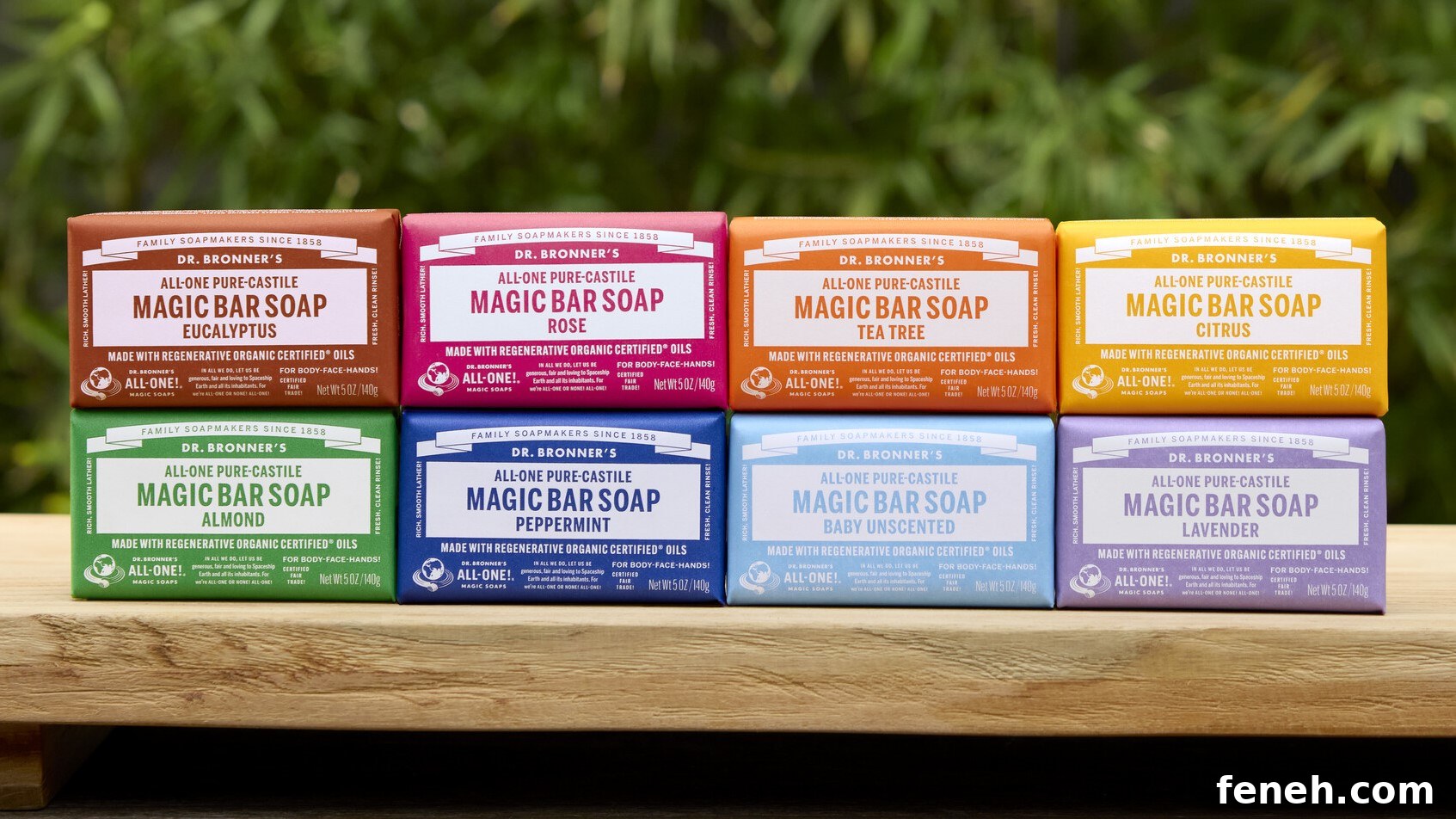 Lineup of Dr. Bronner's Magic Bar Soaps.