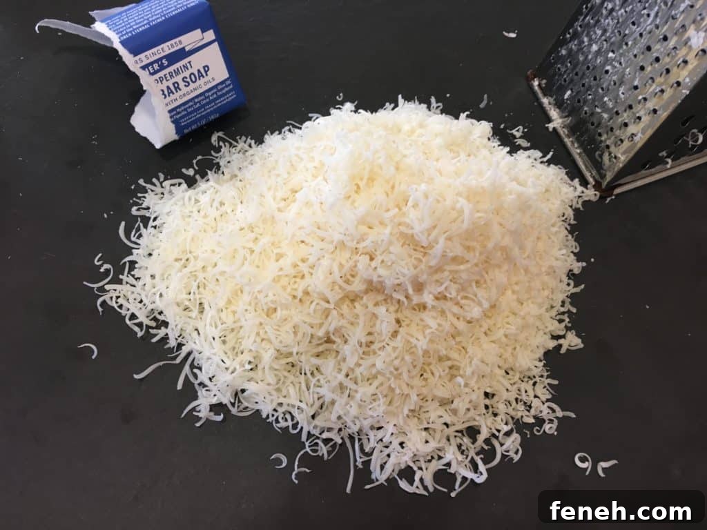 Dr. Bronner's Bar Soap grated on counter.
