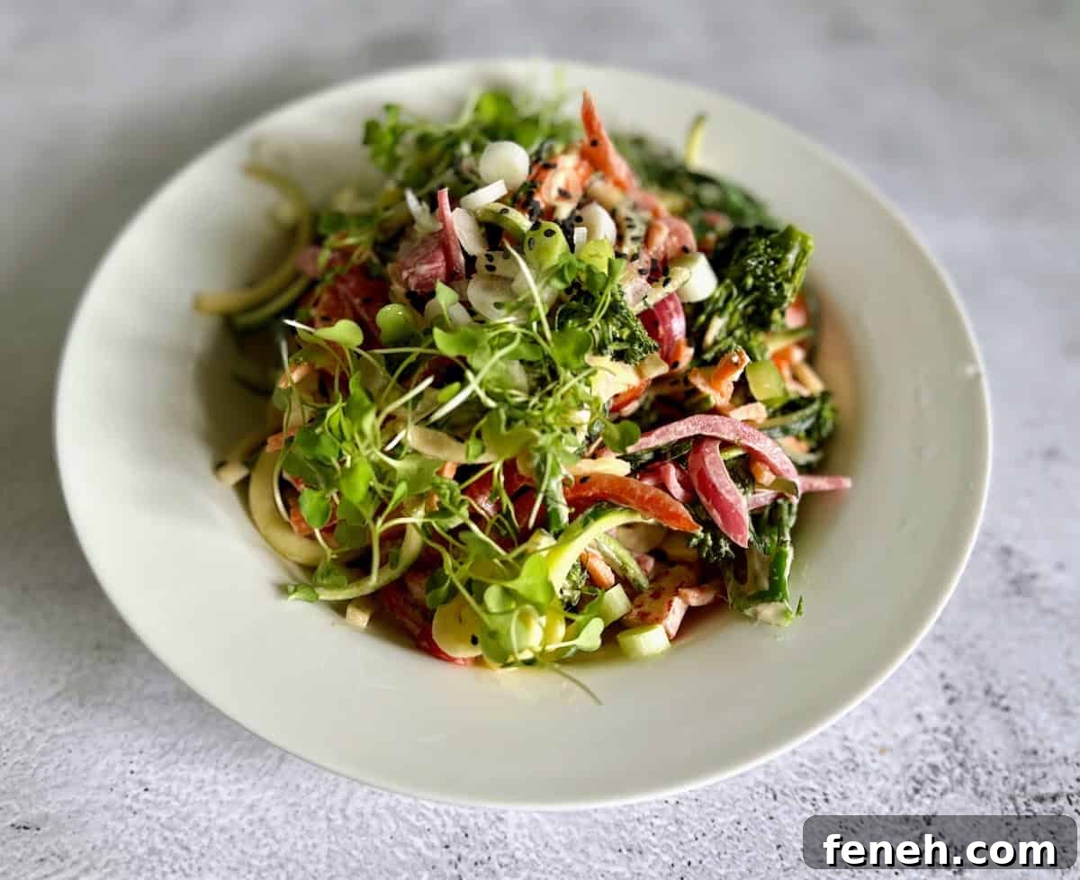 Zoodle salad in a bowl on the table. 