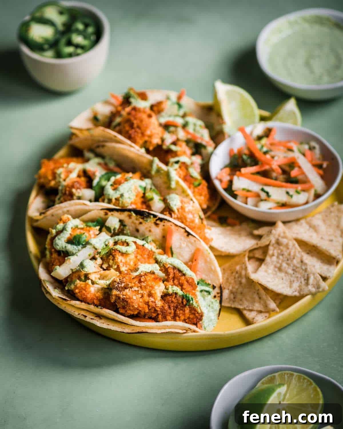 Crispy Spicy Cauliflower Tacos with Jicama-Carrot Slaw