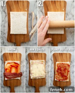5 step by step photos showing how to make sandwich roll ups