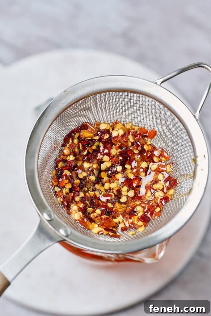close up of chili flakes on a strainer