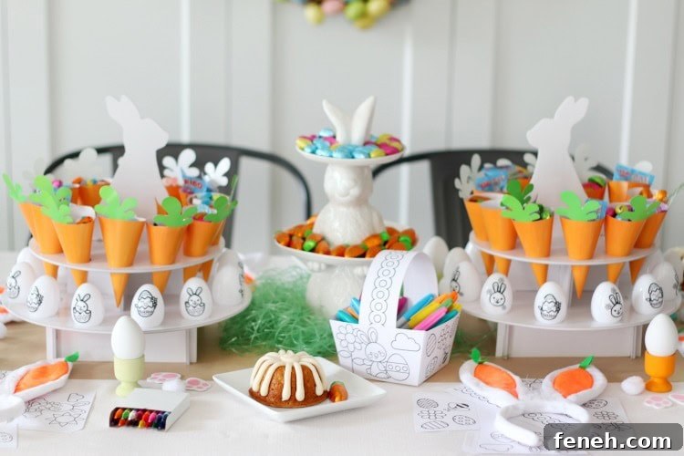 crafty easter tablescape with bundt cake on plate, diy paper easter baskets and diy easter eggs