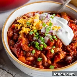 A bowl filled with three bean chili and topped with sour cream, cheddar cheese, red onion and chopped chives. A spoon also sits in the bowl for serving.