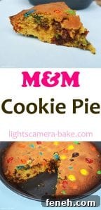 My M&M Cookie Pie has a slightly dense and soft middle and a chewy cookie outside and packed full of chocolate chips and M&Ms!