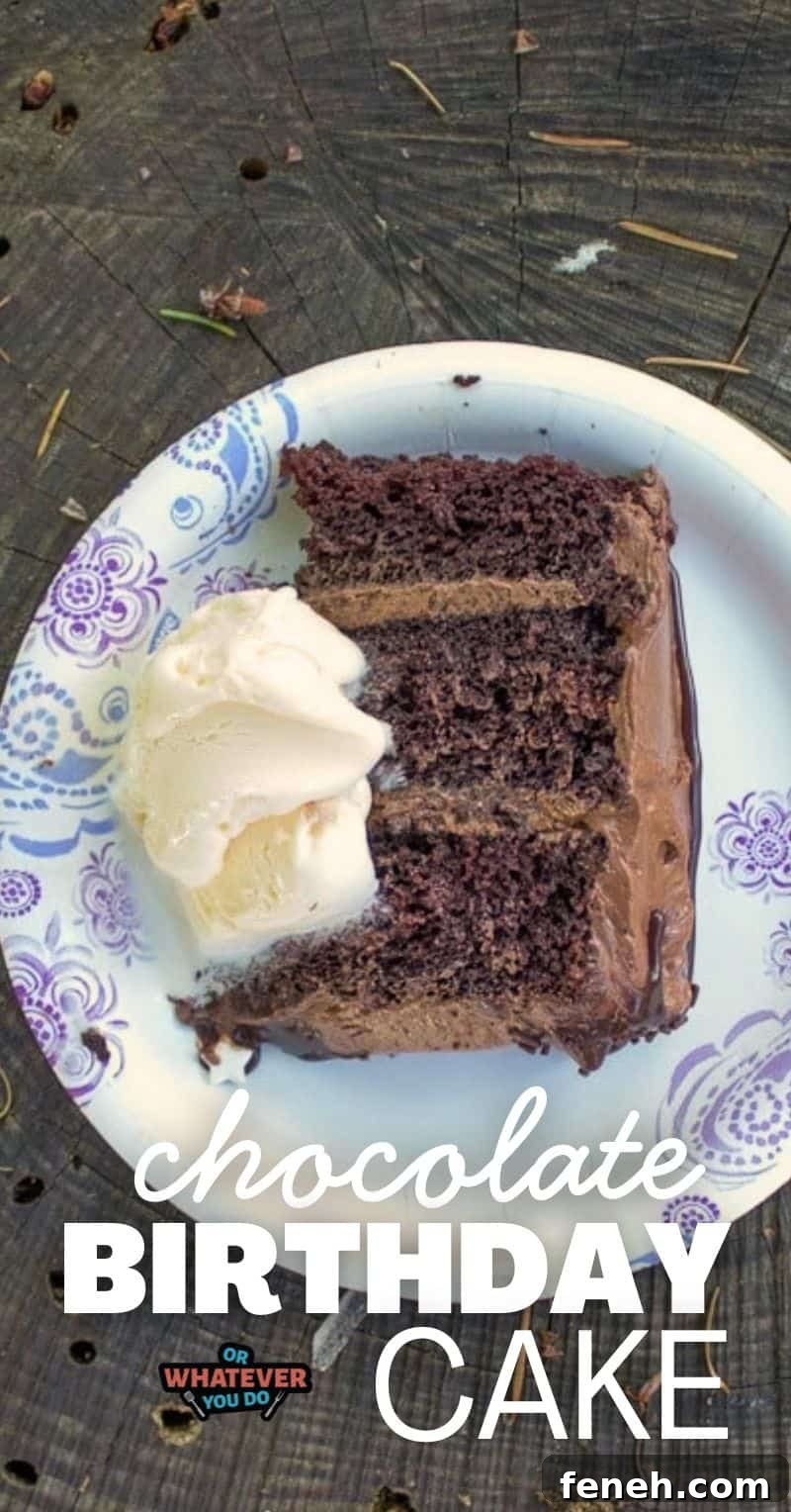 Delicious quadruple chocolate birthday cake slice served with vanilla ice cream. Perfect for celebra.