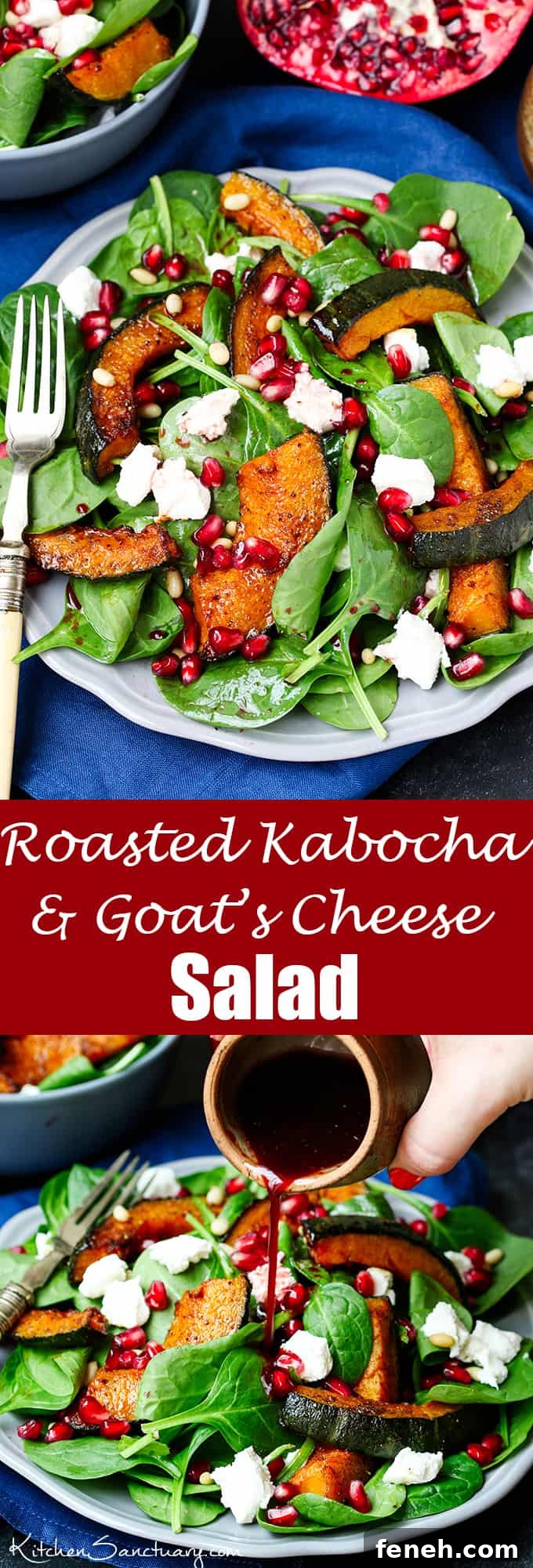 Sweet Roasted Kabocha Squash Salad - with creamy goat's cheese and a tangy pomegranate dressing. A deliciously filling dinner - perfect for Meatless Monday!