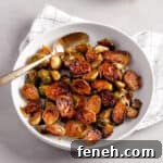 A serving platter of maple balsamic Brussels sprouts.