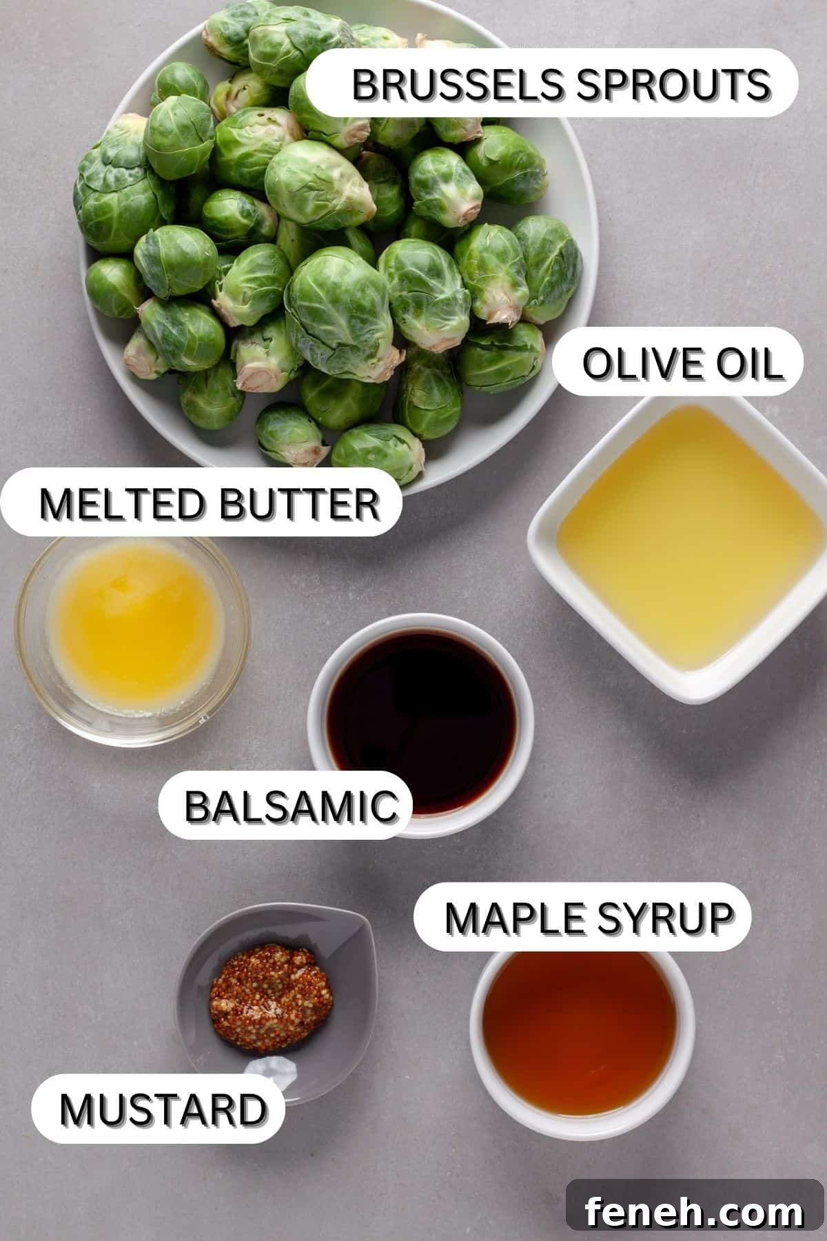 Ingredients for maple balsamic Brussels Sprouts on a gray table.
