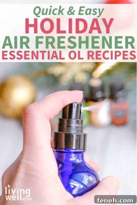 someone spraying Christmas room spray with essential oils in background and holiday decorations