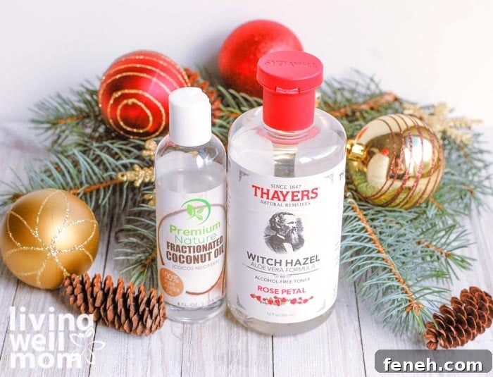 bottle of coconut oil and a bottle of witch hazel for homemade air freshener