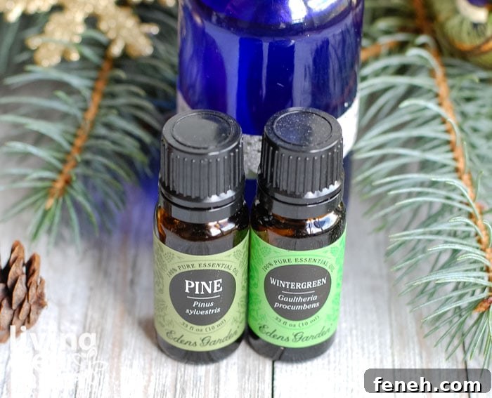pine and wintergreen essential oils in small bottles