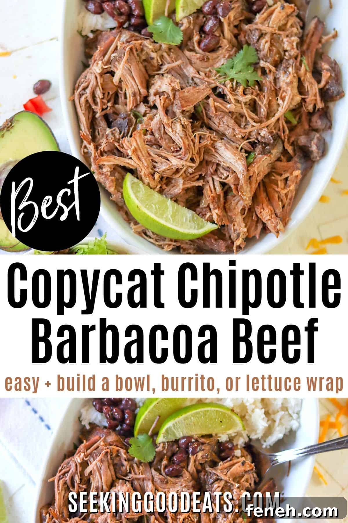 Black and white pinterest pin with copycat chipotle barbacoa shredded beef with beans and rice.