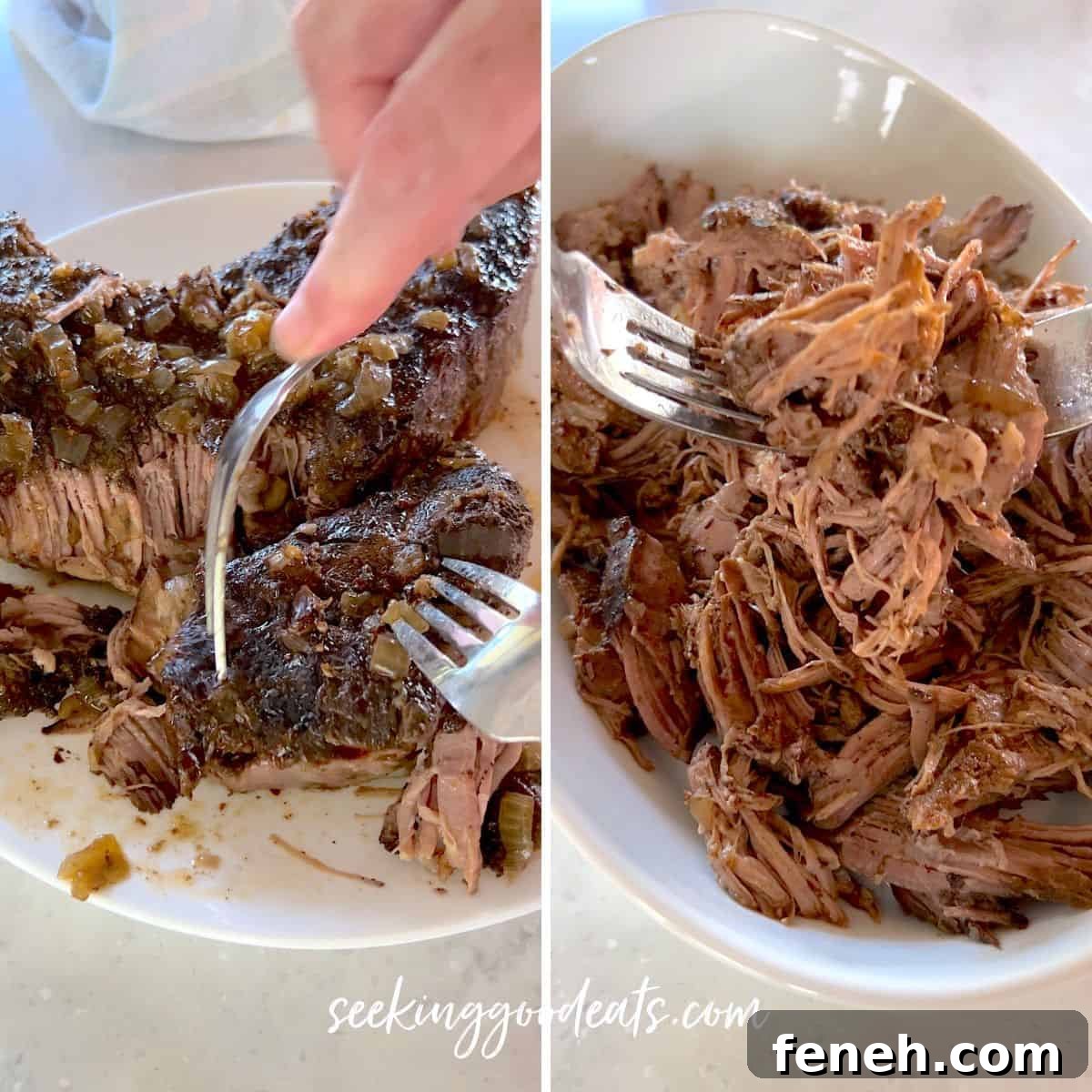 Shredding the cooked barbacoa beef and placing in a white oval serving dish.