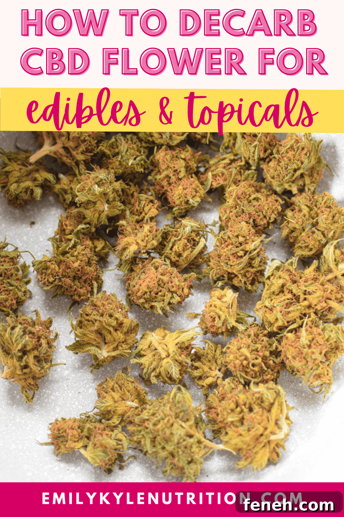 Cannabis buds with Text stating: "how to decarb CBD flower".