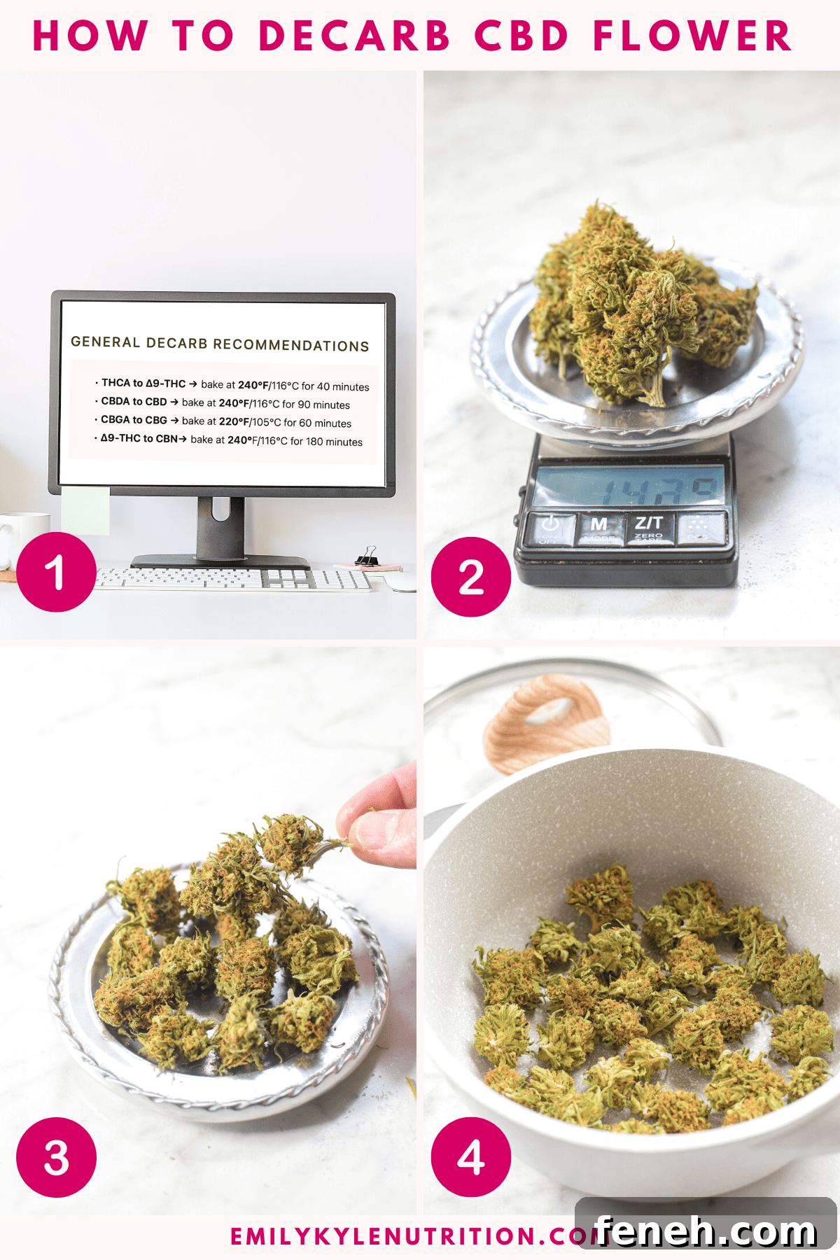 A four step image collage showing how to decarb cbd flower.