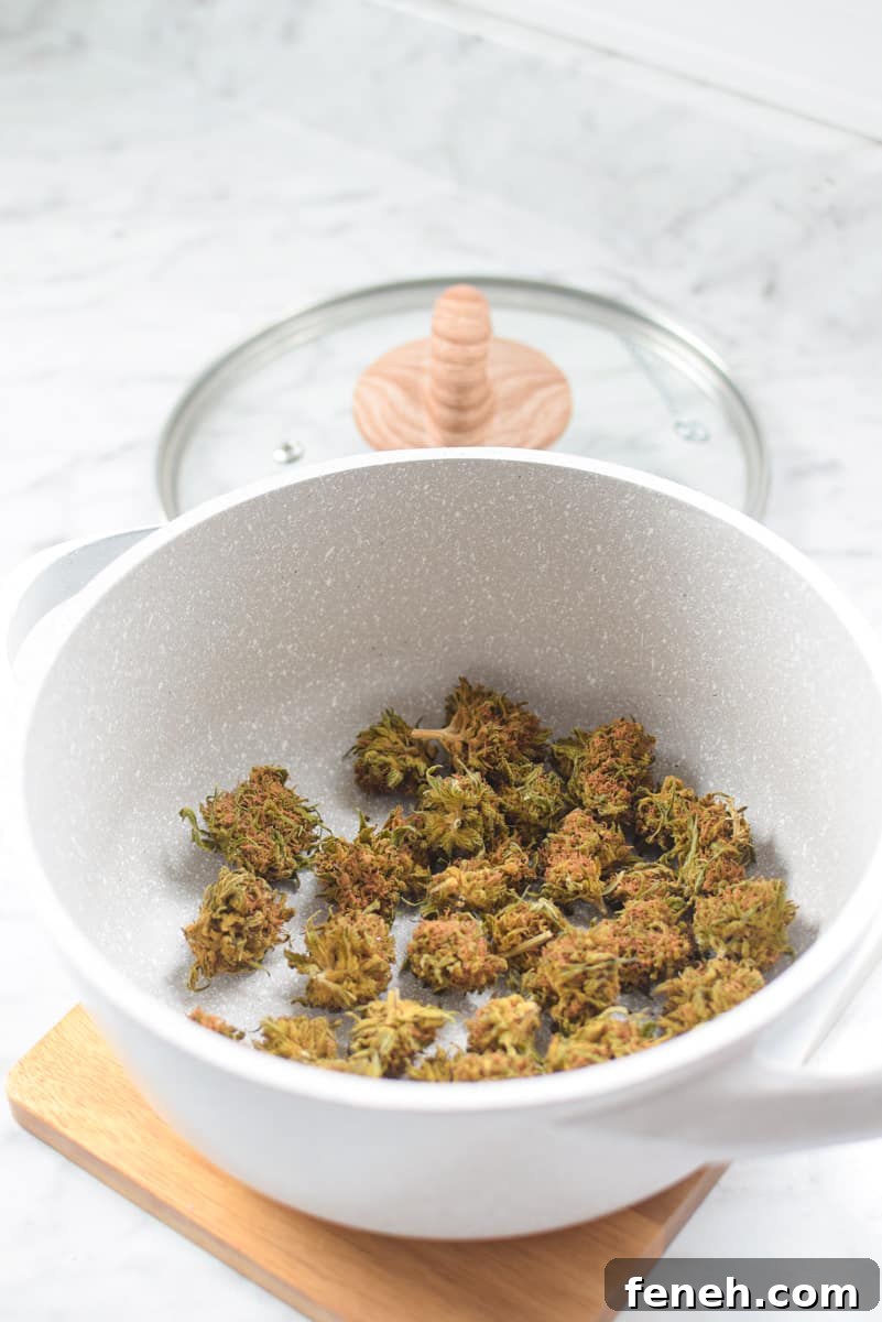 A picture of an oven-safe baking dish with decarboxylated cannabis inside.