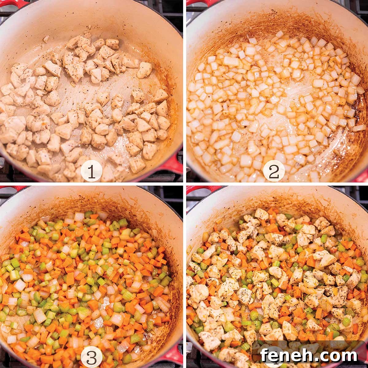 Four step by step images to make a homemade soup.