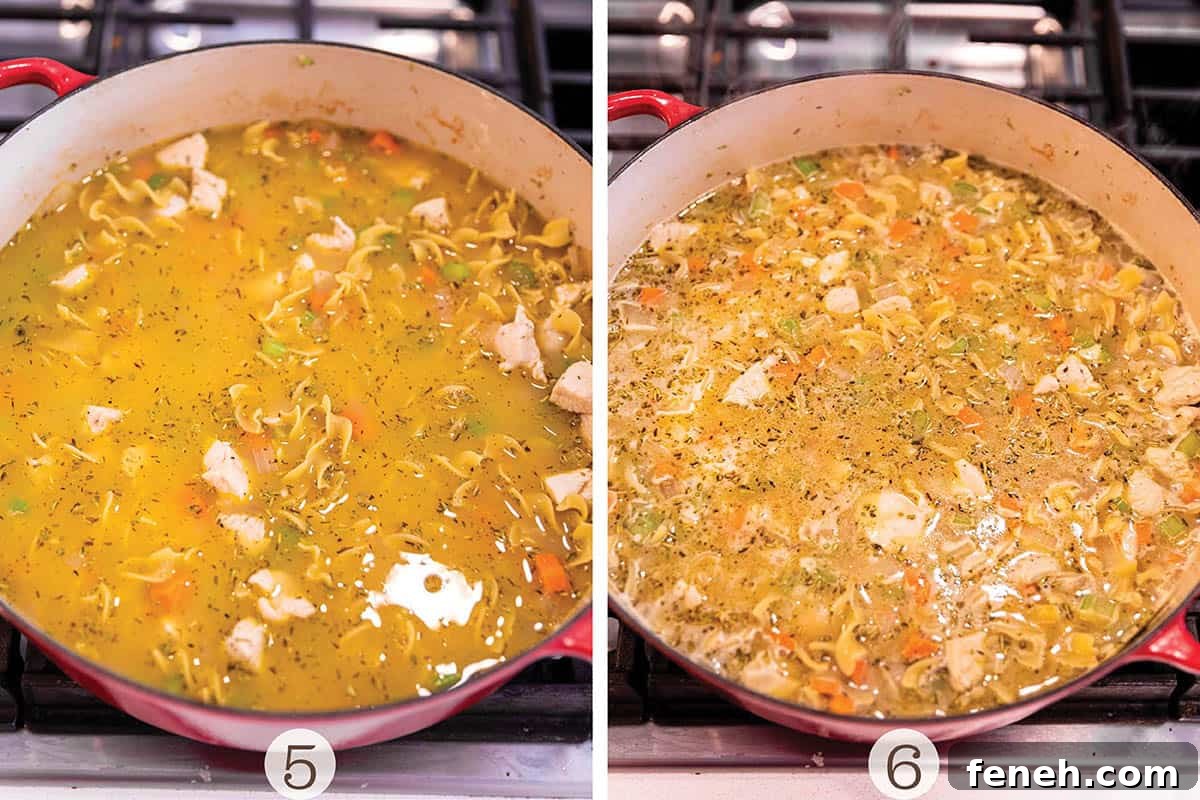 Two images with a soup simmering on the stove.