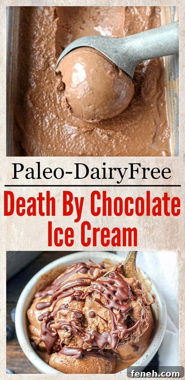 This Paleo Death By Chocolate Ice Cream is rich, creamy, and so delicious! 7 simple ingredients and a little hands on time for a treat that is so good you won't be able to tell it's healthy. Dairy free, naturally sweetened and gluten free.