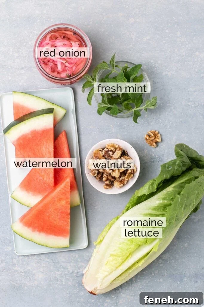 Ingredients needed to make watermelon salads.