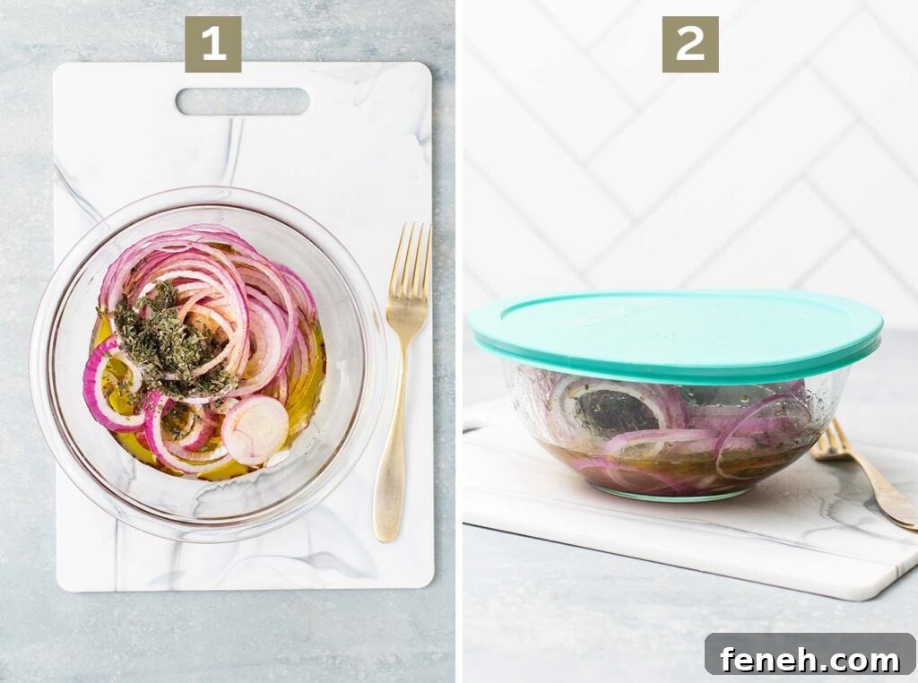 Step 1 shows adding the onions to a bowl to marinate, and step 2 shows letting them marinate overnight.