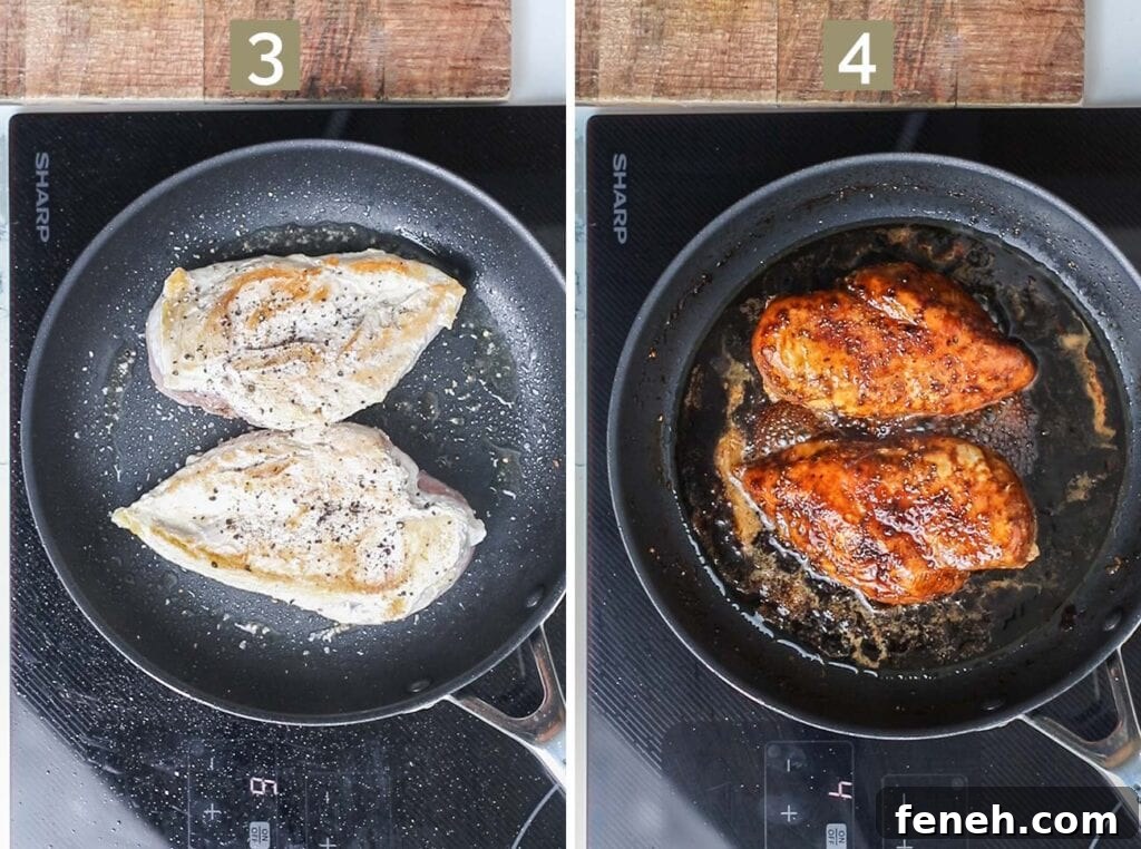 Step 3 shows browning the chicken, and step 4 shows simmering the chicken in balsamic vinegar.