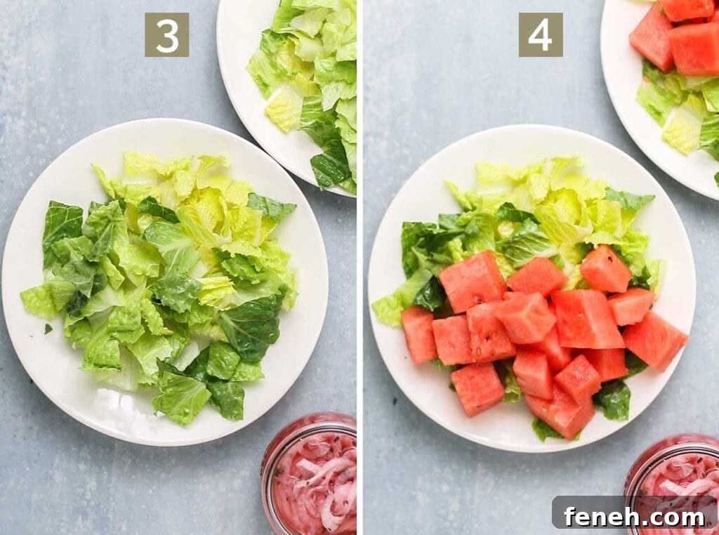 Step 3 shows chopping romaine lettuce, and step 4 shows adding chopped watermelon.