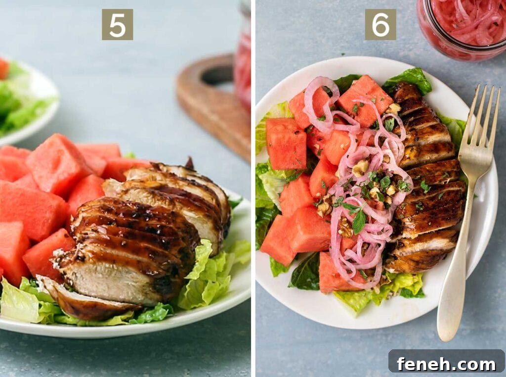 Step 5 shows adding sliced balsamic chicken, and step 6 shows adding the walnuts, mint, and marinated red onions.