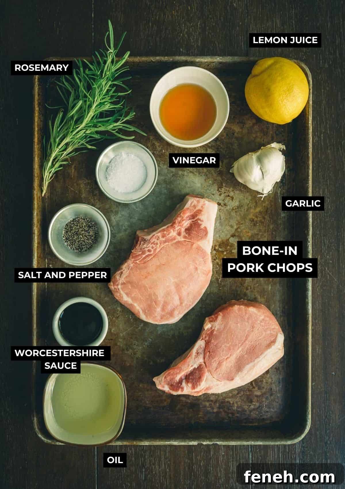 Ingredients for grilled pork chops with marinade on a table.