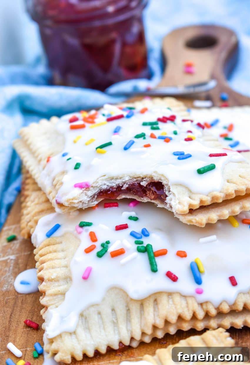 a bitten homemade pop tart resting on top of another on a wooden cutting board