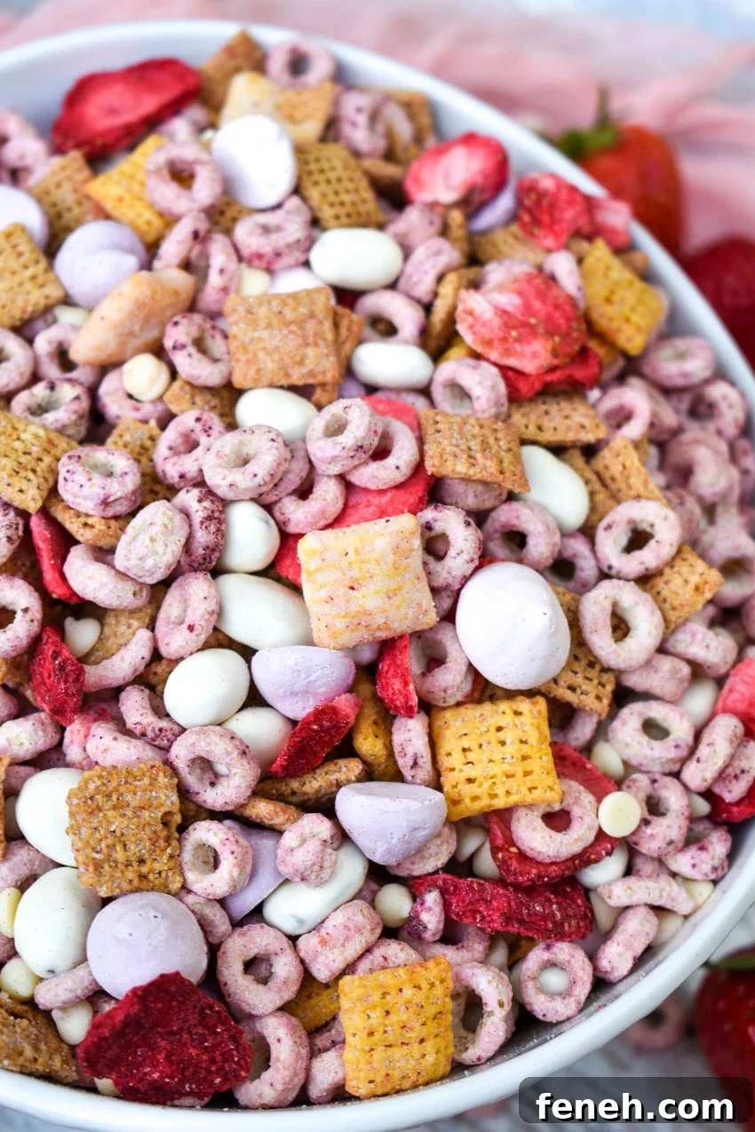 tiktok strawberry trail mix in a large white bowl