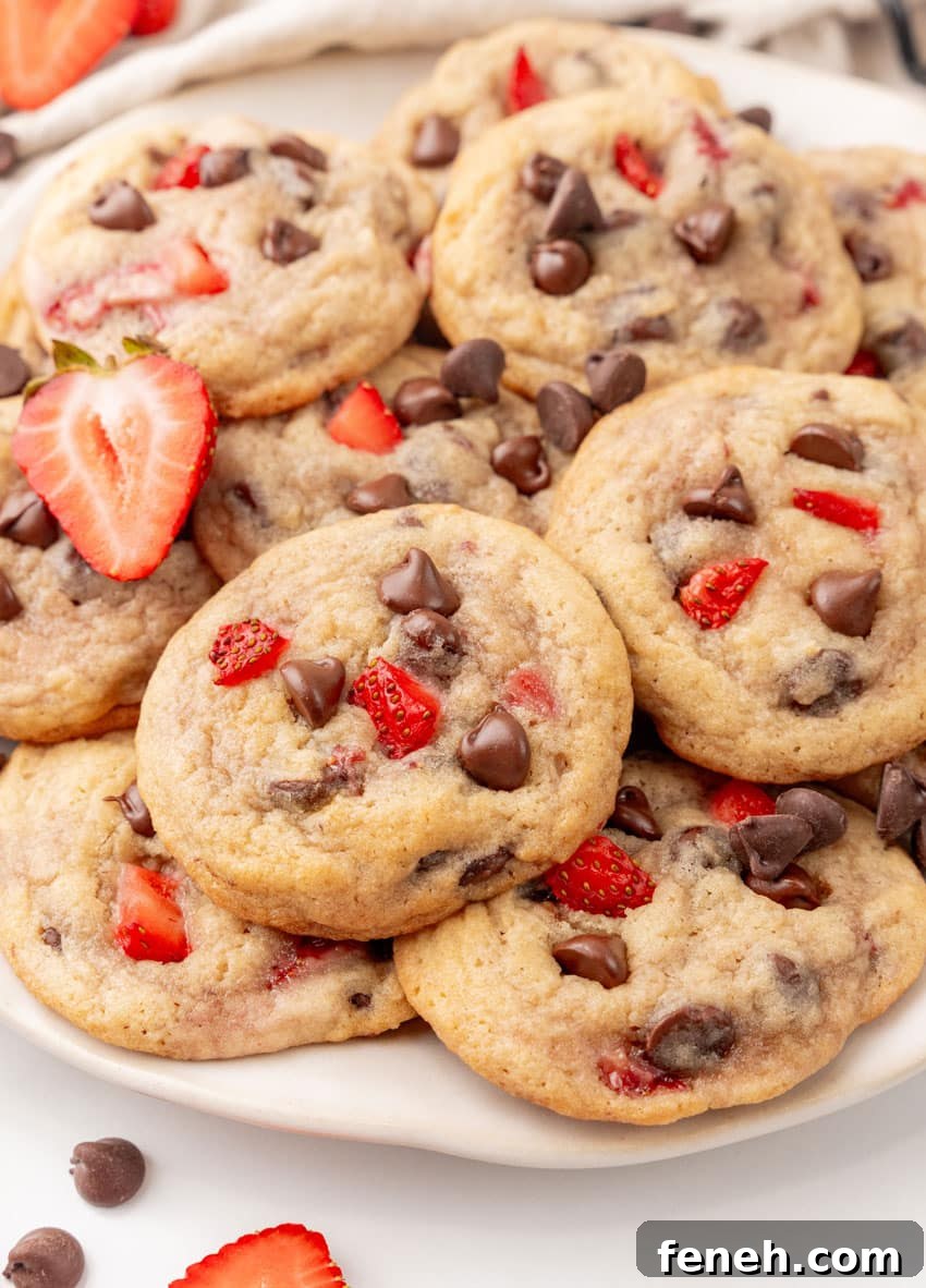 a pile of strawberry chocolate chip cookies on a white serving plate