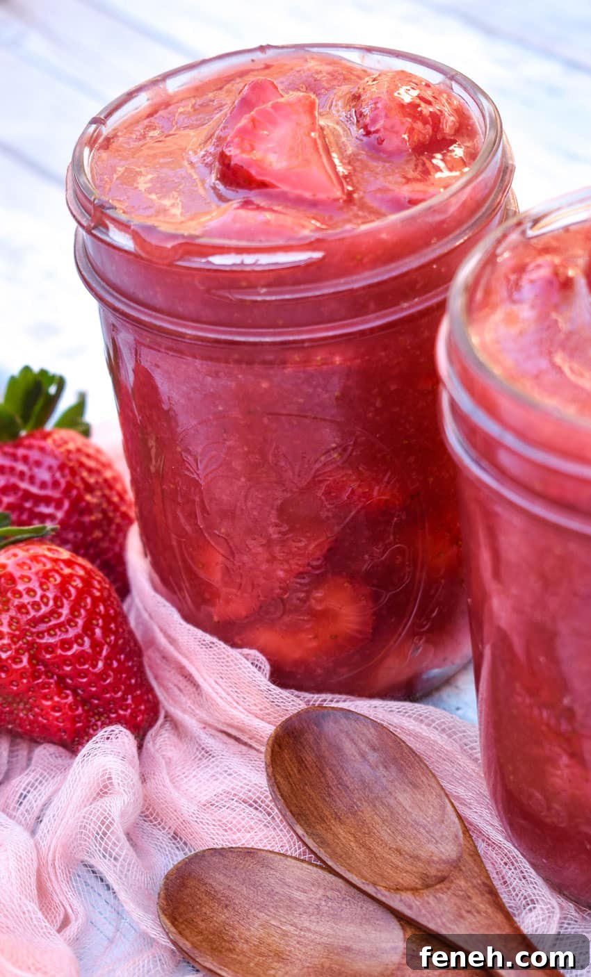 strawberry pie filling in two glass jars on a wooden table
