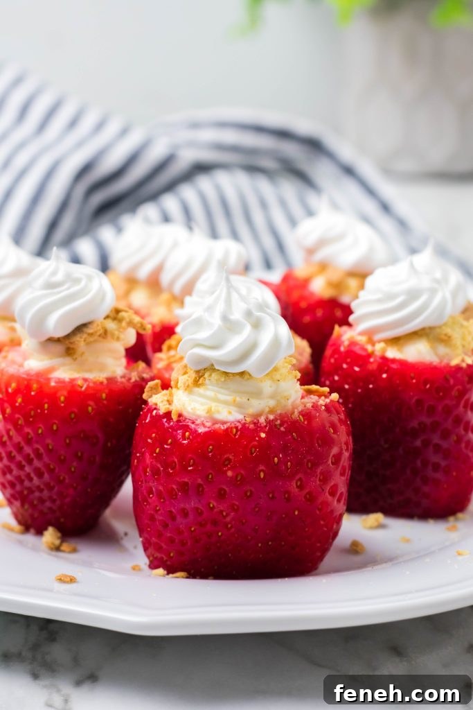 cheesecake stuffed strawberries on a white serivng plate